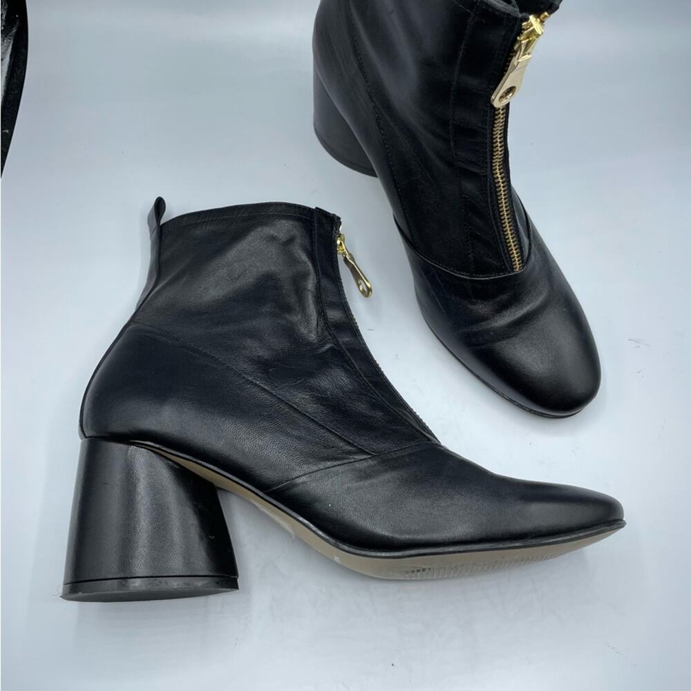 INTENTIONALLY BLANK Black Leather Ankle Booties with Gold Zipper